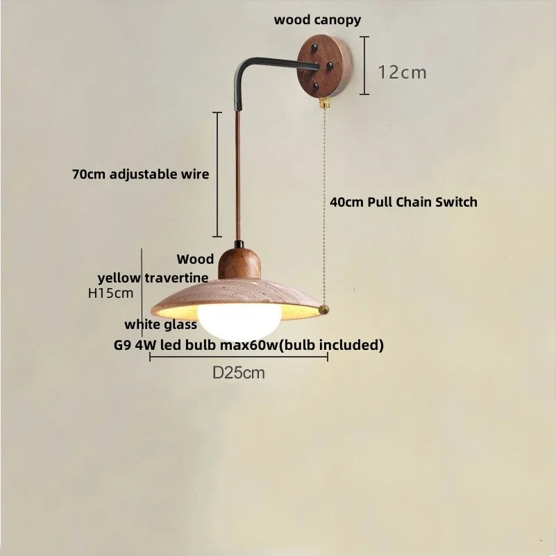 Wood Canopy LED Wall Sconce Yellow Travertine Stone Pull Chain Switch