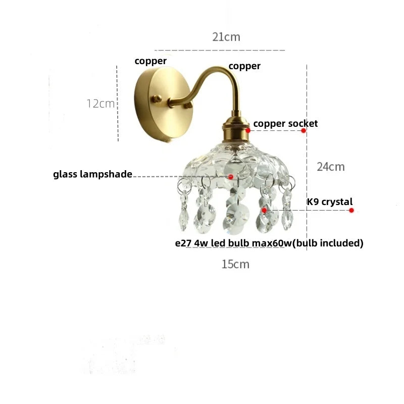 Crystal Glass LED Wall Light with Pull Chain Switch, Nordic Modern Design