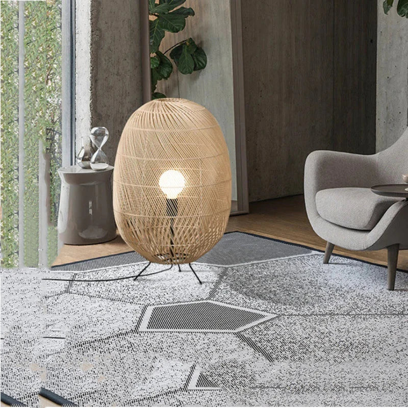 Rattan Ball Floor Lamp for Living Room, Bedroom, Study - Hand-Woven Wood Floor Light