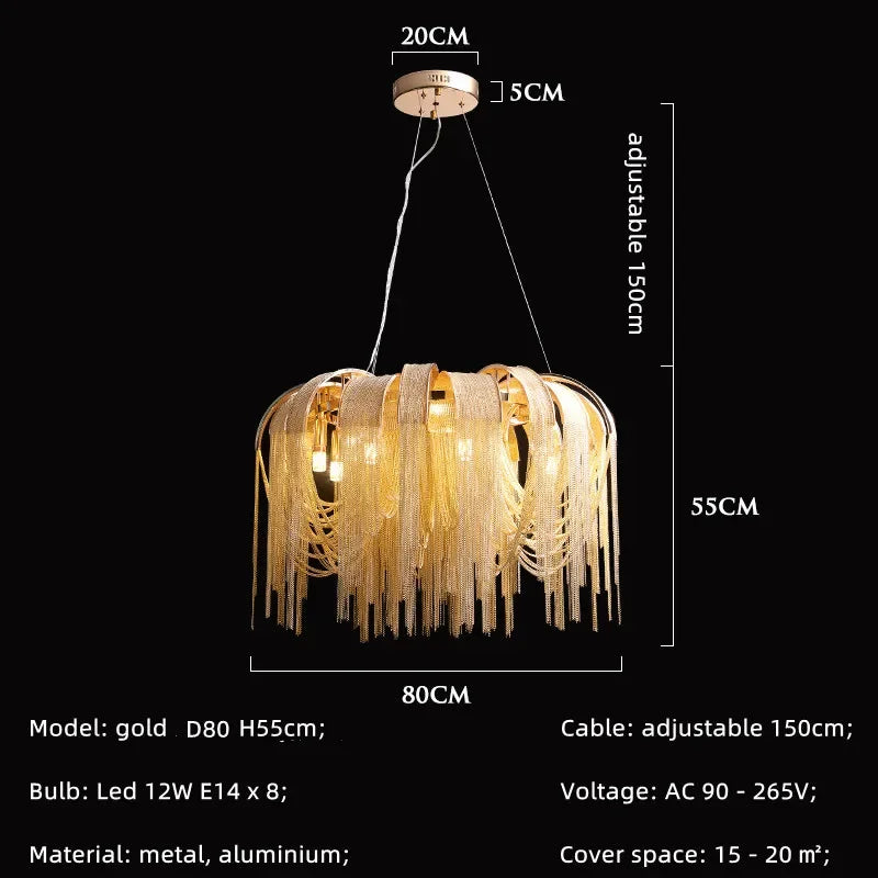 Modern E14 Pendant Lights by Afralia™: Tassel Design, Aluminium Construction, Chrome & Gold Finish