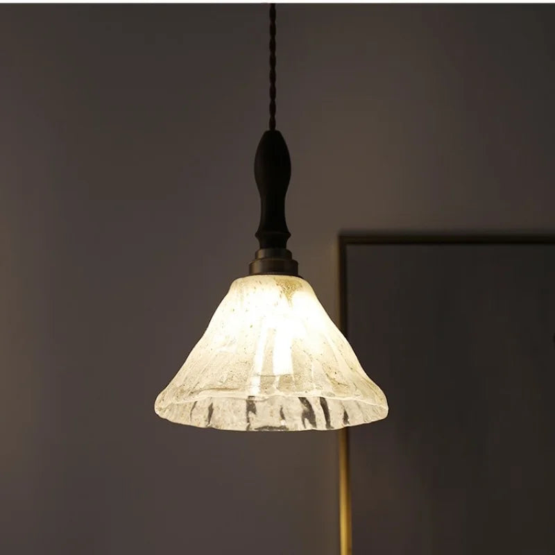 White Glass LED Pendant Light Fixture Walnut Wood Hang Lamp