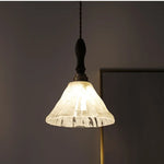 White Glass LED Pendant Light Fixture Walnut Wood Hang Lamp