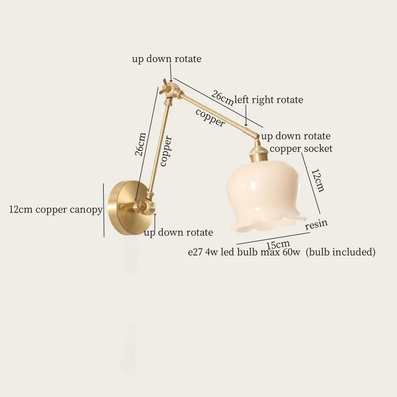Afralia™ Cream Resin LED Wall Lights with Pull Chain Switch - Vintage Copper Bedside Lamp