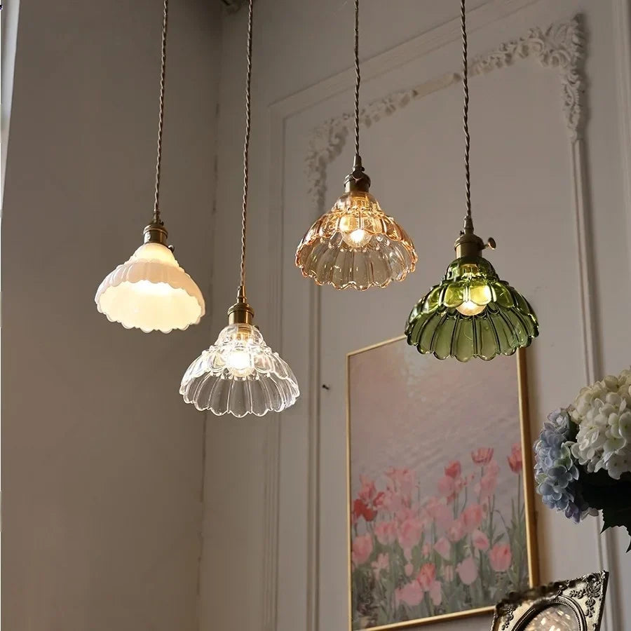 Modern Copper Flower Glass Wall Light with Pull Chain