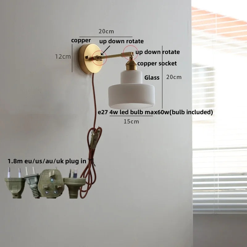 Modern Copper Glass Wall Light with Pull Chain Switch