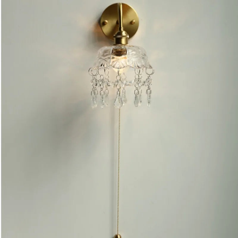 Crystal Glass LED Wall Light with Pull Chain Switch, Nordic Modern Design
