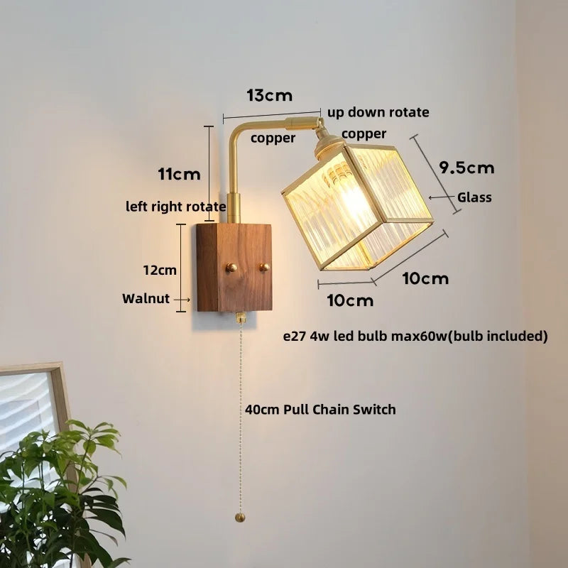 Wood Cube Glass LED Wall Lights with Pull Chain Switch for Modern Interiors