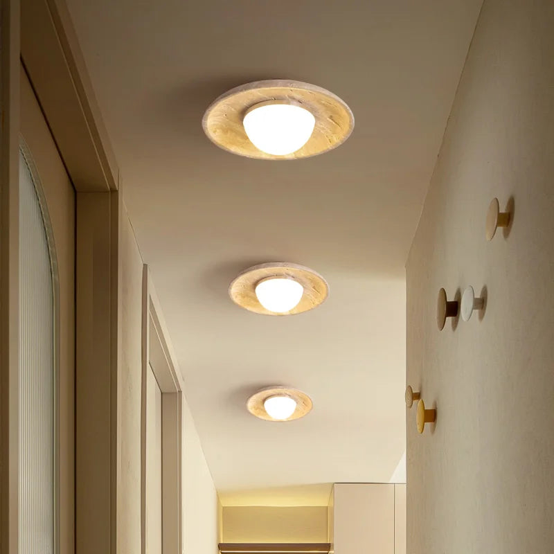 Acrylic LED Ceiling Lamp Yellow Travertine Wood Canopy Wabi Sabi Style