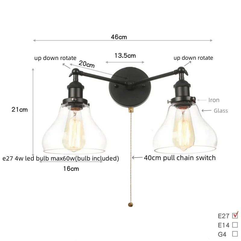 Black LED Wall Sconce 2-Head Lamp for Bedroom Bathroom Mirror