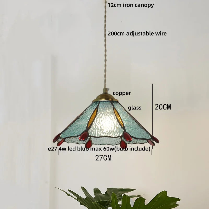 Afralia™ Tiffany Wood Globe LED Pendant Lamp for Kitchen Cafe Reading, Gold Copper Blue Glass