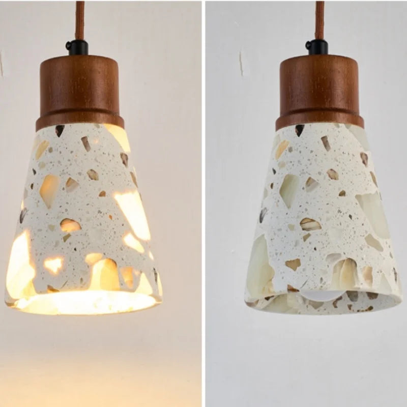 Afralia™ Terrazzo Stone LED Pendant Light - Brown Wood Wabi Sabi Decor
