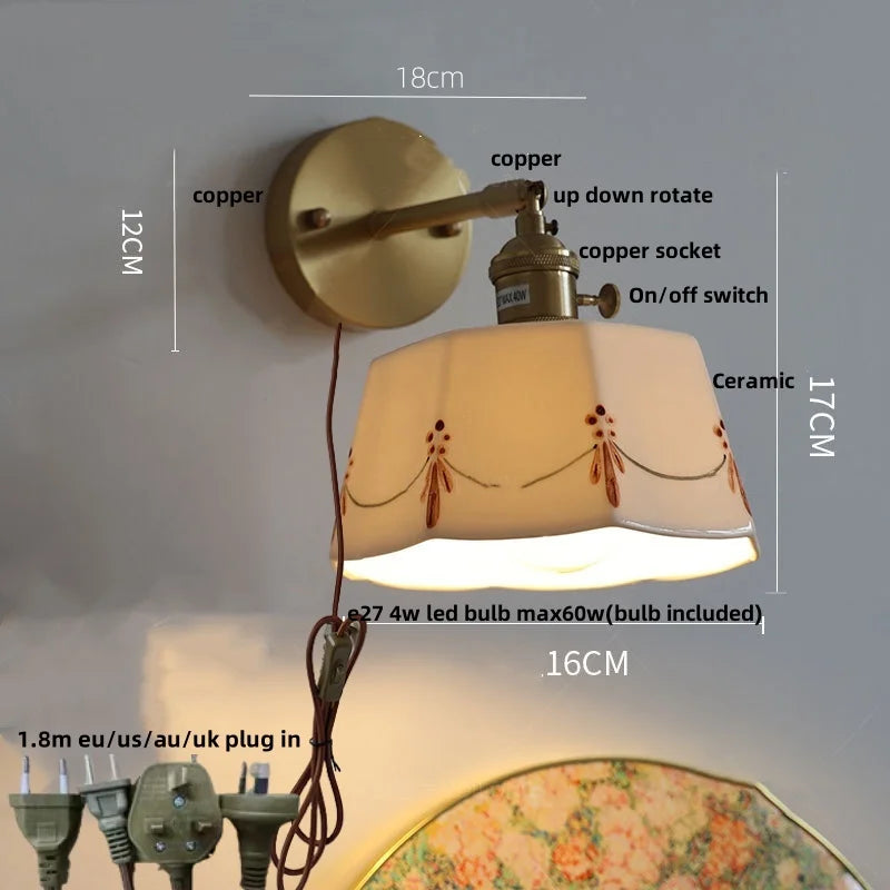 Ceramic Brass LED Wall Light Fixture Pull Chain Switch Bedside Sconce