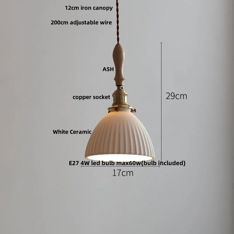 LED Pendant Light Ash Wood White Ceramic Japanese Style Hanging Lamp