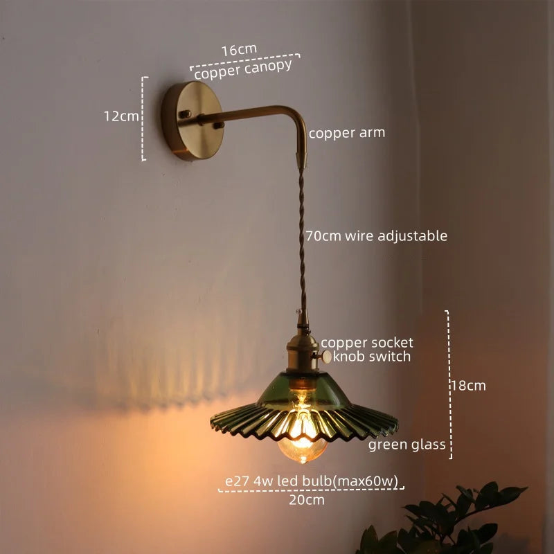 Copper Glass Pull Chain LED Wall Sconce for Indoor Living Room Stairway Lighting