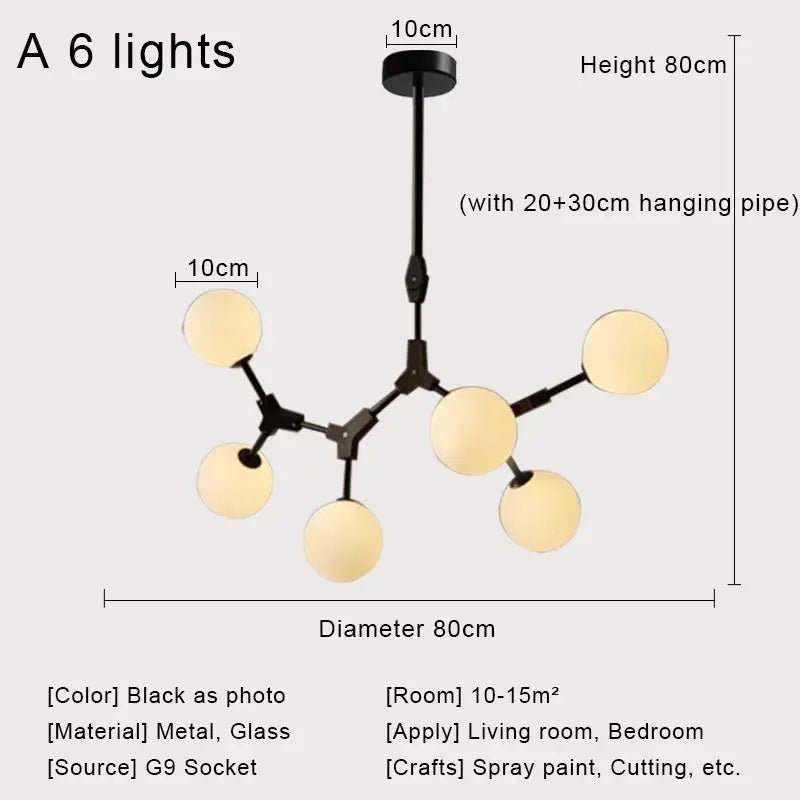 Nordic Black Glass Ball Ceiling Chandelier for Living Room Kitchen Bedroom Dining Home Décor