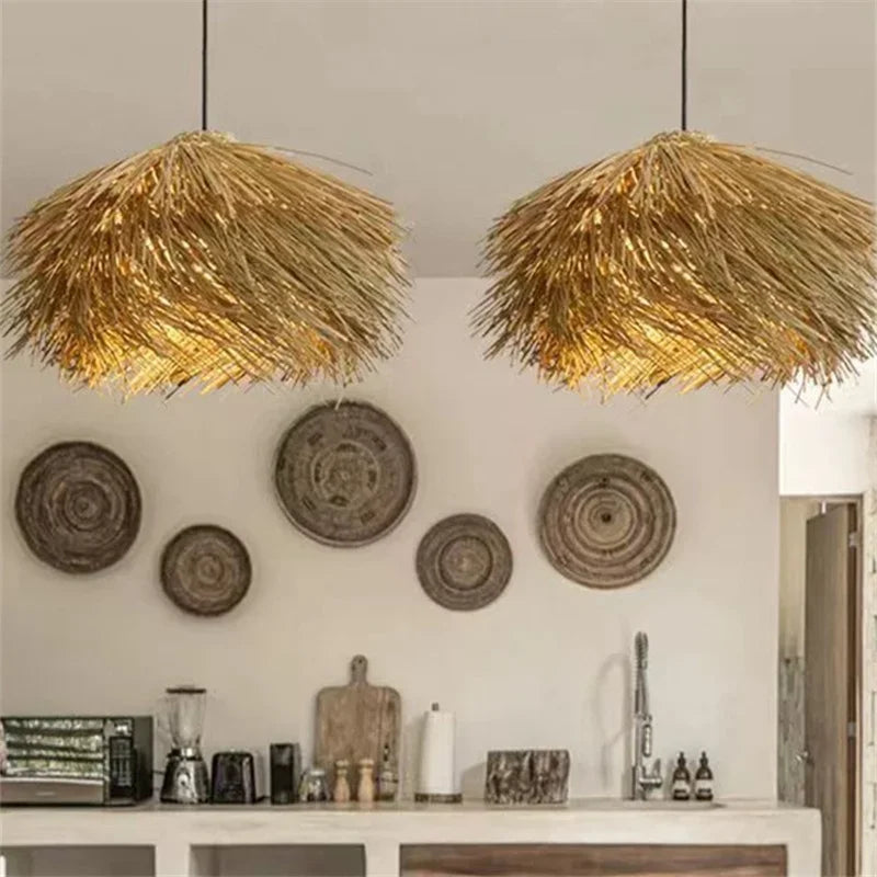 Wabi Sabi Rattan Straw Hat Pendant Chandelier - Nordic Retro B&B Suspended Lamp