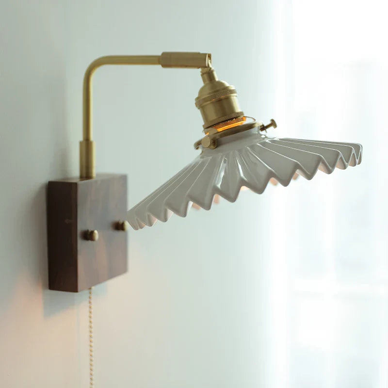 Nordic LED Walnut Wood Wall Lamp with Rotating Ceramic Copper Pull Chain Switch