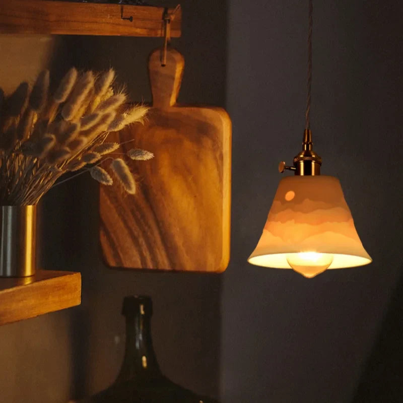 White Ceramic LED Pendant Lamps with Vintage Brass Finish