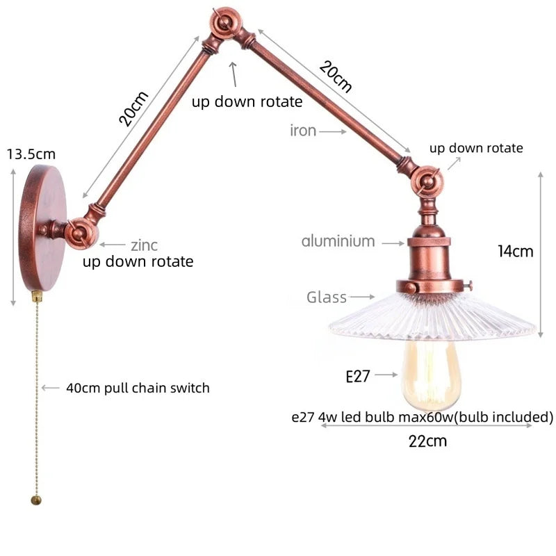 Adjustable Glass Swing Arm LED Wall Sconce with Pull Chain Switch