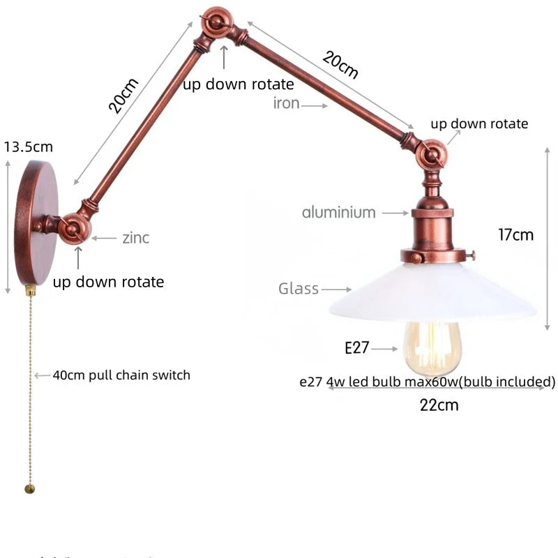 Adjustable Glass Swing Arm LED Wall Sconce with Pull Chain Switch