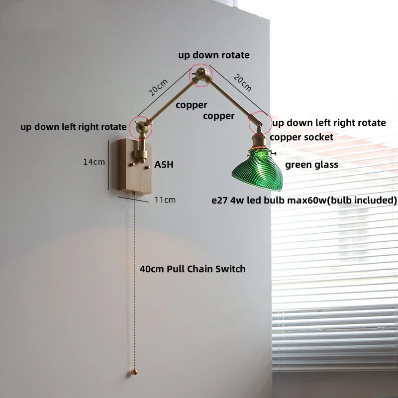 Walnut Copper Swing Arm LED Wall Light Fixture for Nodic Home Decor