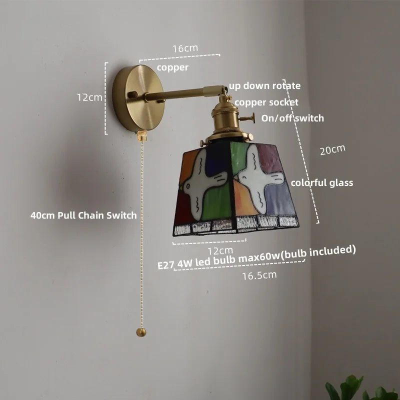 Tiffany Style Peace Dove Glass Wall Sconce LED Lamp with Adjustable Wire and Pull Chain Switch.