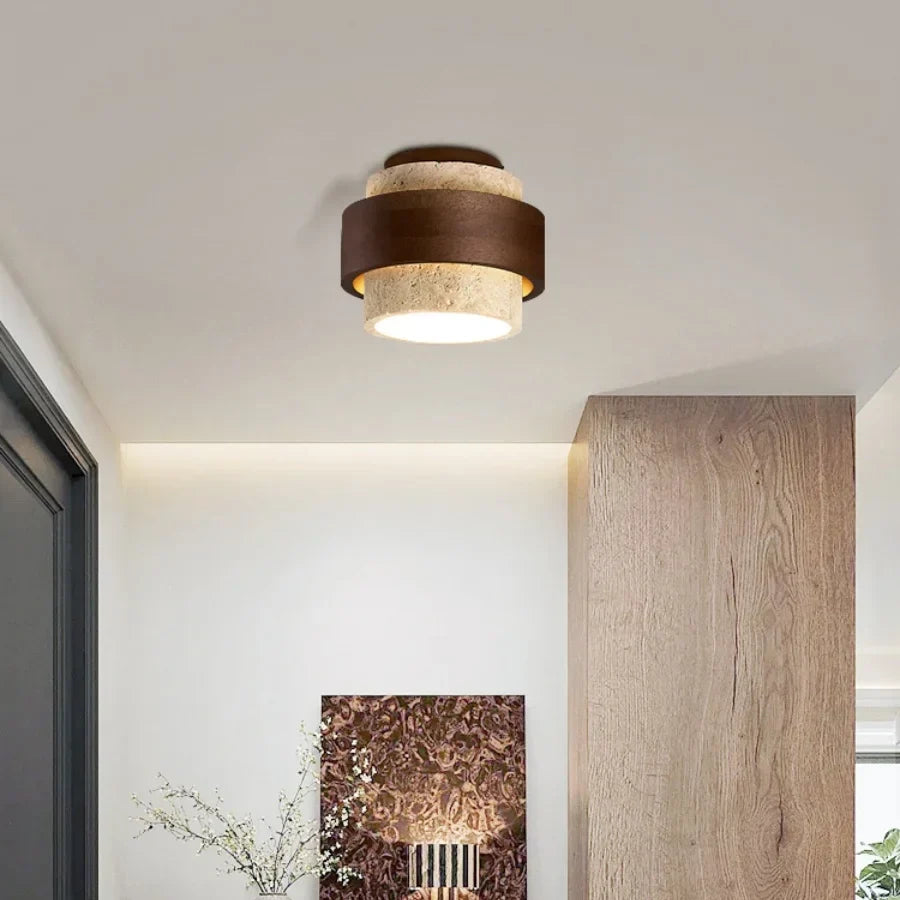 Yellow Travertine LED Ceiling Lamp with Wood Canopy Flush Mount