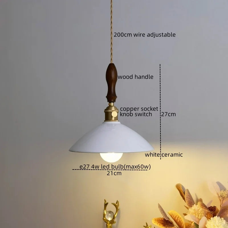 Ceramic LED Pendant Lamp: Modern Wood Handle Hanging Light Fixtures