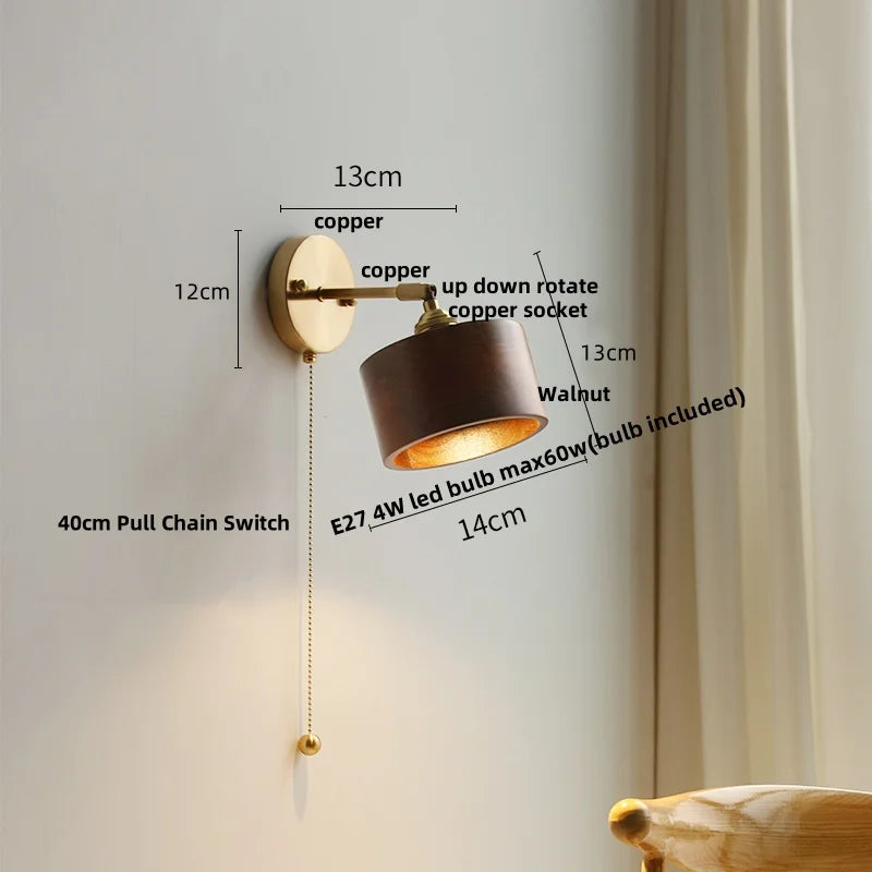 Ash Wood LED Wall Lights Living Room Porch Stair Nordic Modern Up Down Rotate Pull Chain Switch Bedside Lamp