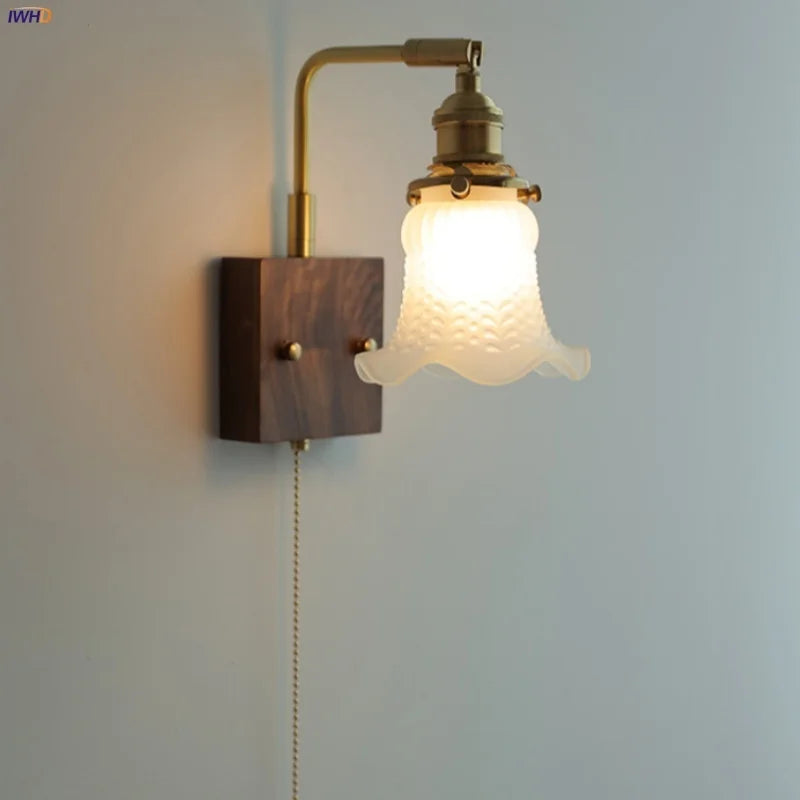 LED Brass Walnut Wood Wall Sconce Rotate Glass Stair Light
