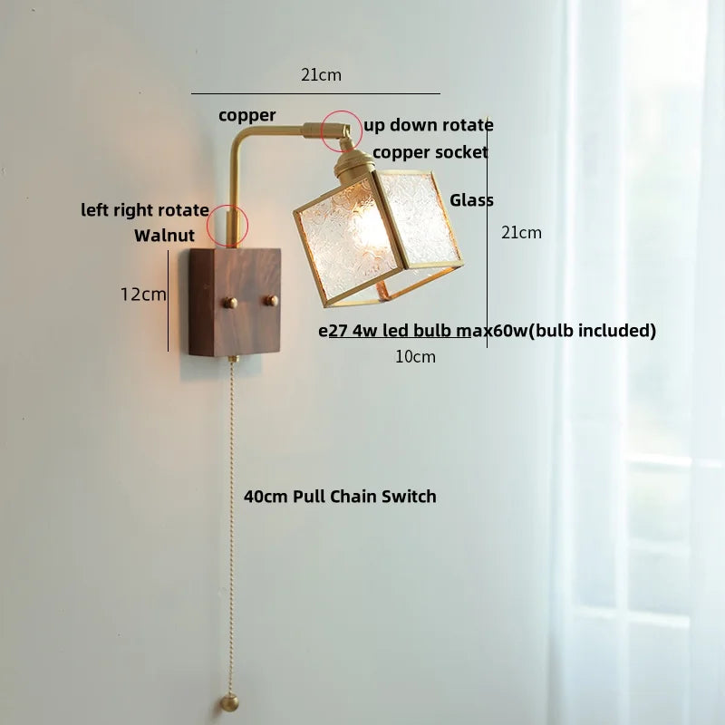 Vintage LED Wall Lamp Sconce with Rotatable Glass Shade & Pull Chain Switch