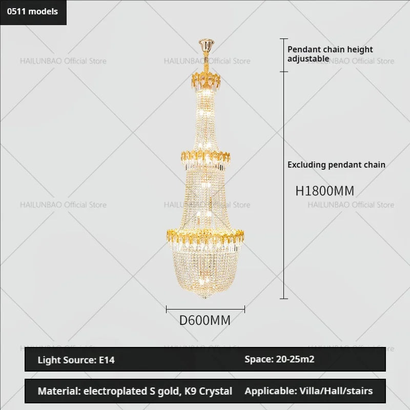 Crystal Chandelier: Luxury Duplex Hotel Living Room Stairwell Design