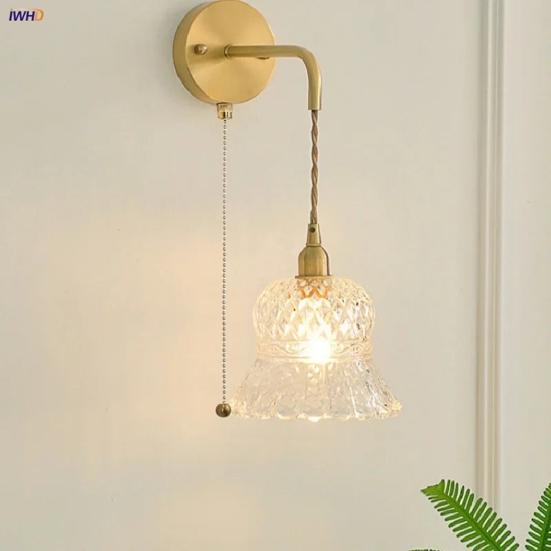 Flower Glass LED Wall Sconce Pull Chain Switch Modern Bathroom Mirror Light