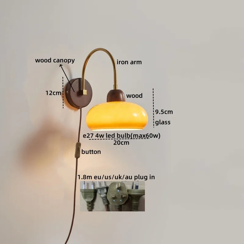 LED Wall Sconce Pull Chain Switch Modern Stair Lights Glass Wood