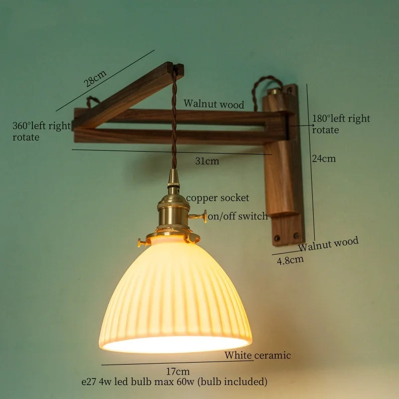 Ceramic LED Wall Sconce Walnut Wood Copper Pull Chain Switch Light