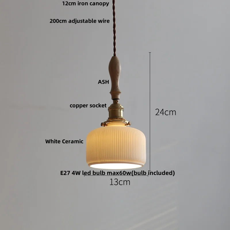 LED Pendant Light Ash Wood White Ceramic Japanese Style Hanging Lamp