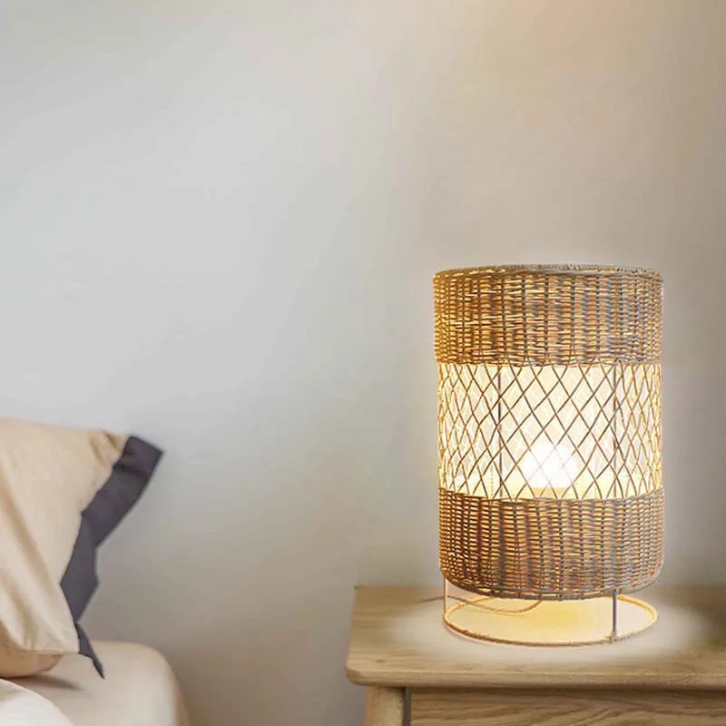 Hand-woven Rattan Floor Lamp: Retro Style for Living Room, Bedroom, Office, Hotel