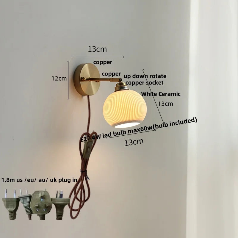 Ceramic LED Wall Light with Pull Chain Switch, Nordic Modern Design