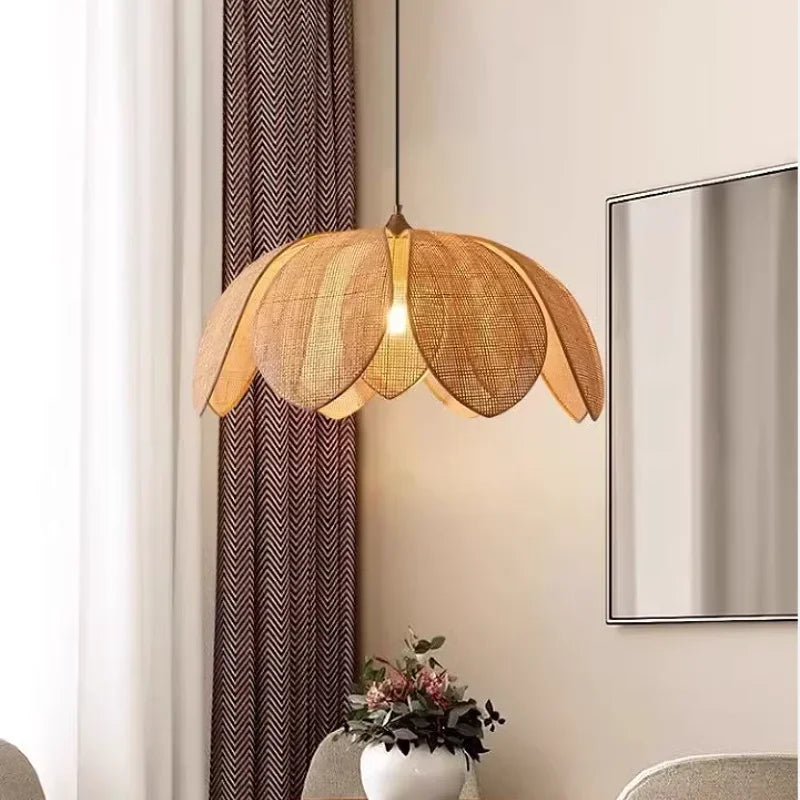 Wabi Sabi Rattan Pendant Lights for Dining Room - Petal Design LED Droplight