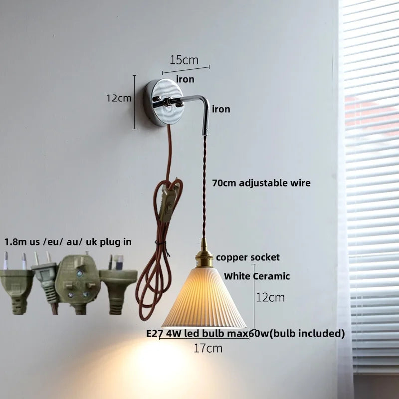 Ceramic LED Wall Sconce Pull Chain Switch Bedside Lamp White Nordic Modern Fixtures