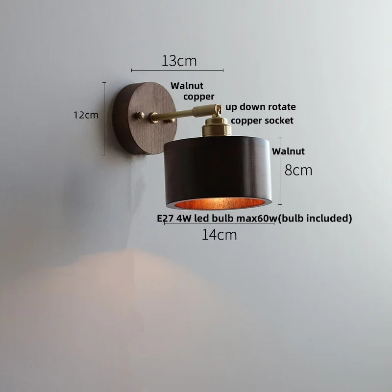 Walnut Wood LED Wall Sconce with Pull Chain Switch - Modern Nordic Copper Socket
