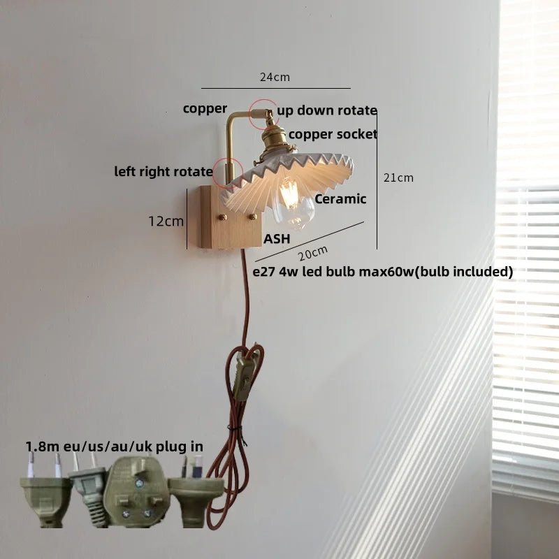 Nordic LED Walnut Wood Wall Lamp with Rotating Ceramic Copper Pull Chain Switch