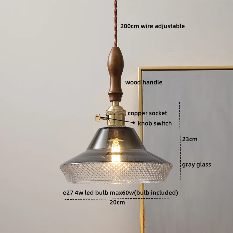 Copper Glass LED Pendant Lamp Modern Hanging Light Fixture with Knob Switch