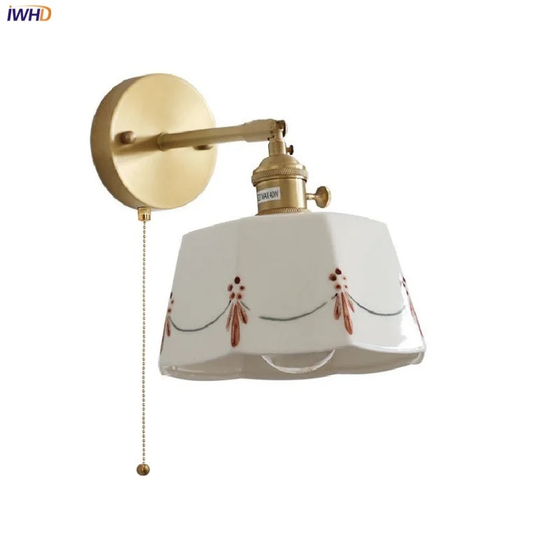 Ceramic Brass LED Wall Light Fixture Pull Chain Switch Bedside Sconce