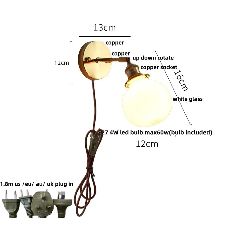 Glass Rotate Copper Wall Sconce | Pull Chain Switch LED Light Fixture