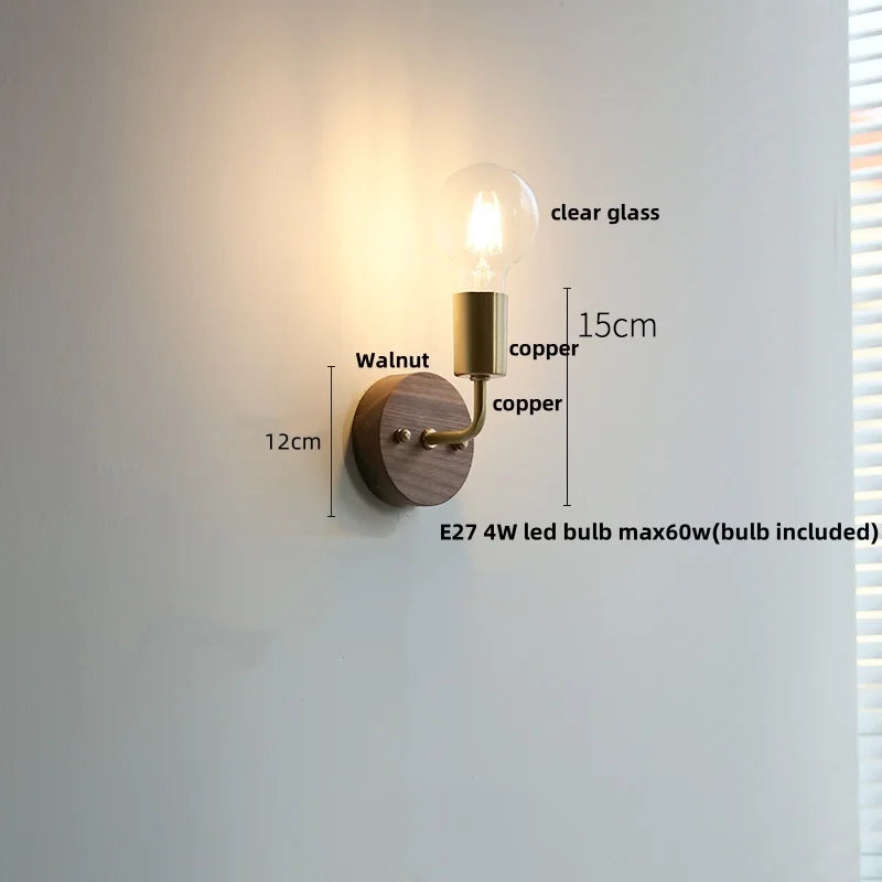 Walnut Wood LED Wall Light with Pull Chain Switch & Clear Glass Sconce