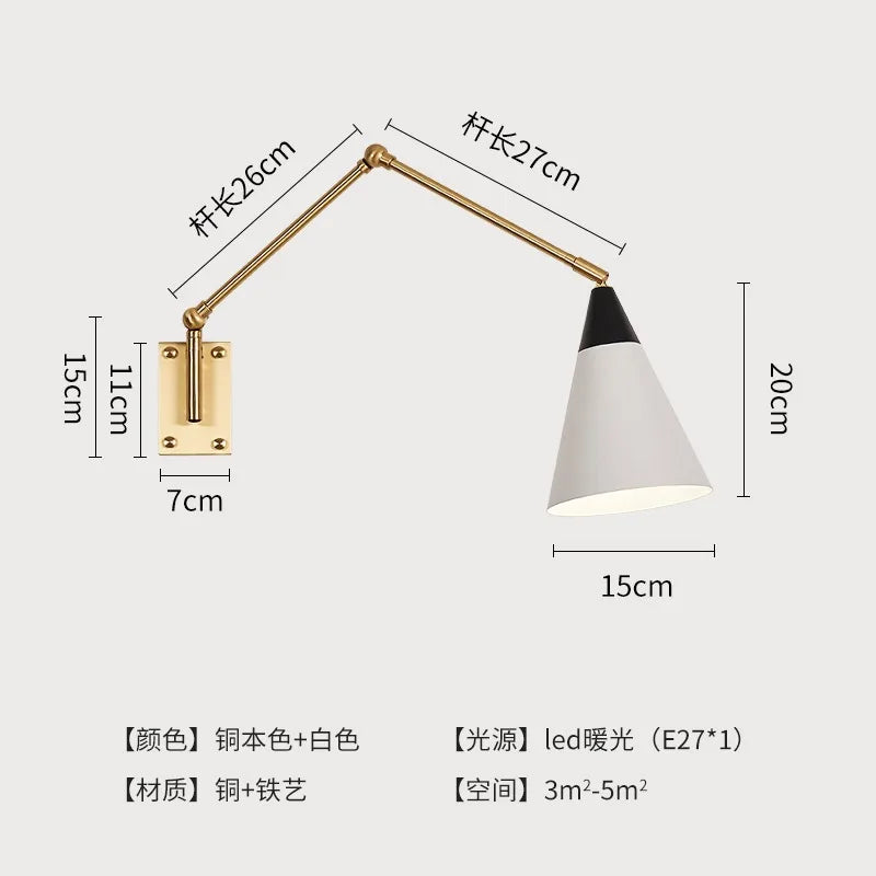 Gold Lustre Copper Swing Arm Wall Lamp LED E27 for Villa Bedroom Study