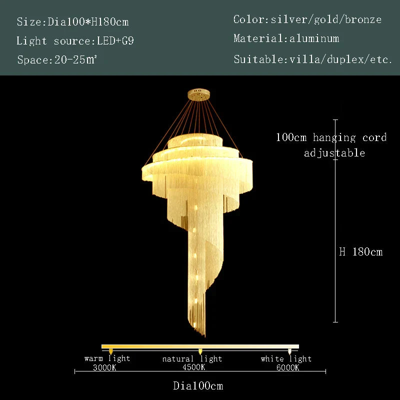 Gold Tassel LED Chandelier for High Ceilings - Elegant Home Decor Lighting