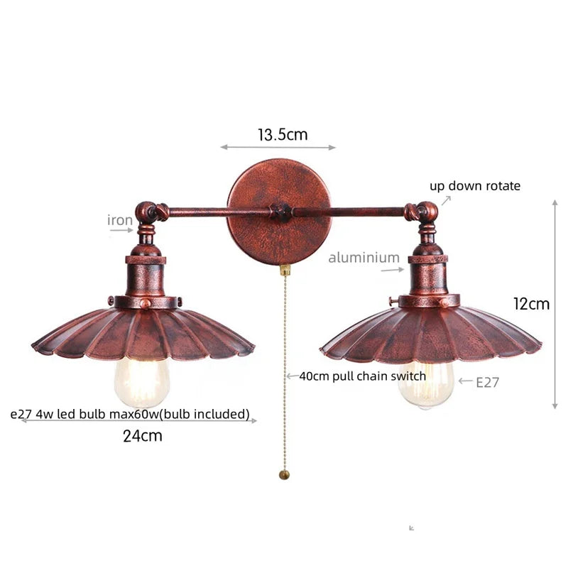 Industrial Retro LED Wall Lamp with Two Heads and Pull Chain Switch