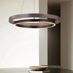 Wood Grain Chandelier: Minimalist Round LED Hanging Light Fixture for Home Decor